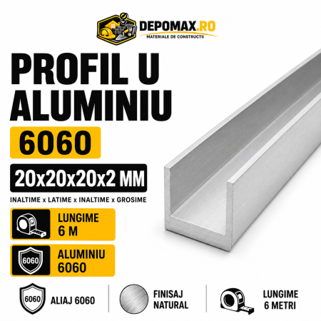 Profil U aluminiu 20 x 20 x 20 x 2 mm, 6 metri
